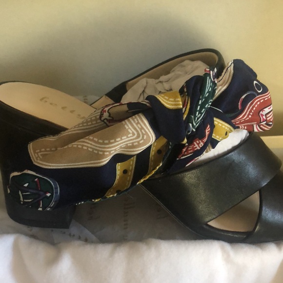 Bettye Muller 7.5 never worn open toed leather mule with silk tie with 3” heel - Picture 2 of 8